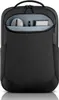 A black Dell backpack with its main compartment partially open, revealing a computer mouse, a stylus, and a small rectangular object. Produktbild-Vorschau