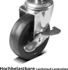 A close-up of a black caster wheel with a silver metal bracket and a brake lever. Náhled obrázku produktu