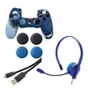 A collection of gaming accessories for a Sony PS4 controller, including a controller skin, thumb grips, and a headset with microphone, arranged on a white background. Produktbild-Vorschau