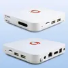 A collage of two images showing the top and bottom views of a white Android TV box. Produktbild-Vorschau