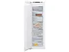 An open white freezer with multiple transparent drawers, some containing food items. Produktbild-Vorschau