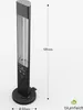 A product shot of a black electric heater with dimensions indicated. Produktbild-Vorschau