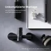 A bathroom faucet and showerhead are displayed on a gray wall, with a white tray and a flower in the background. Text overlays describe easy installation. Produktbild-Vorschau
