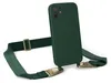 A dark green iPhone case with a dark green lanyard attached to it, with gold clasps and a gold buckle. The product is shown against a white background. Produktbild-Vorschau