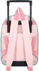The back of a pink rolling backpack with teal trim. Produktbild-Vorschau