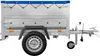 A new GARDEN TRAILER 150 KIPP with additional side walls, support wheel, and blue flat tarpaulin is shown against a white background. Produktbild-Vorschau