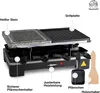 A raclette grill set with various accessories, presented with labels pointing to its features. Produktbild-Vorschau