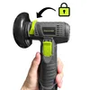 A hand holding a cordless angle grinder with a lock icon and an arrow indicating a locking mechanism. Produktbild-Vorschau