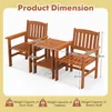 A diagram showing the dimensions of a wooden patio furniture set, including two chairs and a table. Náhled obrázku produktu