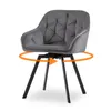 A gray velvet swivel chair with black metal legs is shown against a white background. An orange arrow graphic indicates rotation. Produktbild-Vorschau