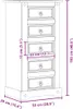 A line drawing of a tall, narrow chest of drawers with dimensions indicated by purple lines and text. Produktbild-Vorschau