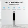 A white tower fan is shown in the center of the image, with icons and text above it describing its features. Produktbild-Vorschau