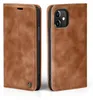 A brown leather flip case for an Apple iPhone 11 is shown from two angles. Produktbild-Vorschau