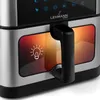 A close-up shot of the front of a LEHMANN air fryer, focusing on the handle and a lit-up icon of a lightbulb within a window. Produktbild-Vorschau