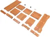 A collection of wooden components for a monitor stand or desk organizer, laid out on a white background. Podgląd zdjęcia produktu