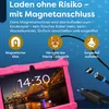 A pink tablet is shown with a charging cable and adapter. The background is blue with star patterns. Text overlays describe the magnetic charging feature. Produktbild-Vorschau