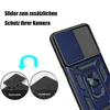 A close-up of a blue phone case with a sliding camera cover and a ring holder, with instructional diagrams below. Produktbild-Vorschau
