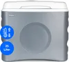 A gray thermoelectric portable cooler box with white lid and blue circular icons indicating temperature and capacity. Produktbild-Vorschau