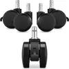 A set of five black office chair casters. Four are arranged in a semi-circle in the upper part of the image, and one is in the foreground, showing more detail. Each caster has a silver stem for attachment and a black wheel assembly. Produktbild-Vorschau