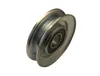 A metal pulley with a bearing in the center, isolated on a white background. Produktbild-Vorschau