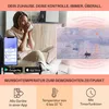 A woman is relaxing on a couch, drinking from a mug, with a smartphone displaying a smart home app and a painting in the background. The image also includes icons and text highlighting product features. Produktbild-Vorschau