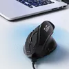 A black vertical ergonomic mouse is shown on a white surface with blue concentric circles emanating from it, suggesting wireless connectivity or signal. Produktbild-Vorschau