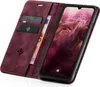 A burgundy flip case for a smartphone is shown open, revealing the phone screen and card slots. Produktbild-Vorschau