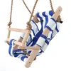 A baby swing seat with blue and white stripes, made of fabric and wood, suspended by ropes. Produktbild-Vorschau