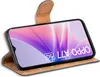 A flip case for a smartphone is shown open, displaying the phone's screen. Produktbild-Vorschau