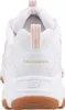 The back view of a white Skechers D'Lites sneaker with tan accents and a brown sole. Produktbild-Vorschau