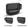 A black car seat organizer with dimensions shown, and two smaller views of the organizer, one labeled 'für Fahrersitz' (for driver's seat) and the other 'für Beifahrersitz' (for passenger seat). Produktbild-Vorschau