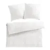 A white duvet cover and two white pillowcases are neatly folded and arranged on a white background. Produktbild-Vorschau