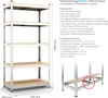A product image of a metal shelving unit with wooden shelves, accompanied by descriptive text and dimensions. Produktbild-Vorschau
