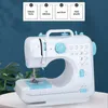 A white and blue sewing machine is displayed on a table against a blue brick-like background. Above the sewing machine, there are four white boxes with checkmarks and text describing features. Produktbild-Vorschau