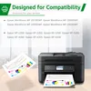 A printer is shown with papers displaying charts and graphs, and text lists compatible printer models. Produktbild-Vorschau