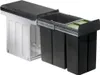 A pull-out waste bin system with two black bins and a green lid insert, mounted on a sliding mechanism. Produktbild-Vorschau