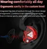 A close-up of a red in-ear headphone on a black background, with an illustration of an ear and sound waves. Produktbild-Vorschau