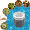 A skimmer sock is shown floating in a pool, surrounded by circular images of natural debris like leaves, pine needles, sand, dandelion fluff, a bee, and hair. Produktbild-Vorschau