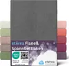A product image showcasing a folded grey fitted sheet with swatches of other available colors displayed on the left and right sides. The bottom section includes branding and certification logos. Produktbild-Vorschau