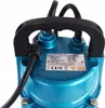 A close-up view of the top of a blue submersible pump, showing a label with product specifications and regulatory marks. Podgląd zdjęcia produktu