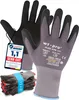 A pair of work gloves is shown with a stack of gloves in the foreground and a tag with a rating. Produktbild-Vorschau