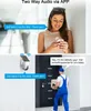 A split image showing a woman using a smartphone and a delivery person at a door with a security camera. Náhled obrázku produktu
