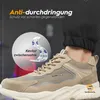 A close-up of a beige safety sneaker with promotional text and graphics overlaid. Produktbild-Vorschau