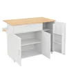 A white kitchen island with a wooden countertop, open doors and a drawer, against a white background. Produktbild-Vorschau