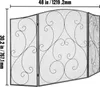 A black metal fireplace screen with ornate scrollwork, shown with dimensions indicated by measurement lines and text. Voir les images du produit