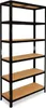 A black metal shelving unit with six wooden shelves against a white background. Podgląd zdjęcia produktu