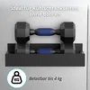 A black shelf with two dumbbells on it, attached to a wall or refrigerator. Produktbild-Vorschau