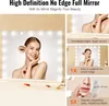 A collage of images showcasing a makeup mirror with lights, highlighting its features and a close-up of a woman's face. Voir les images du produit