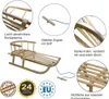 A wooden sled with various close-up views highlighting its features, along with certification badges. Produktbild-Vorschau