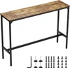 A tall, narrow bar table with a wood-grain top and black metal legs, shown with assembly hardware. Produktbild-Vorschau